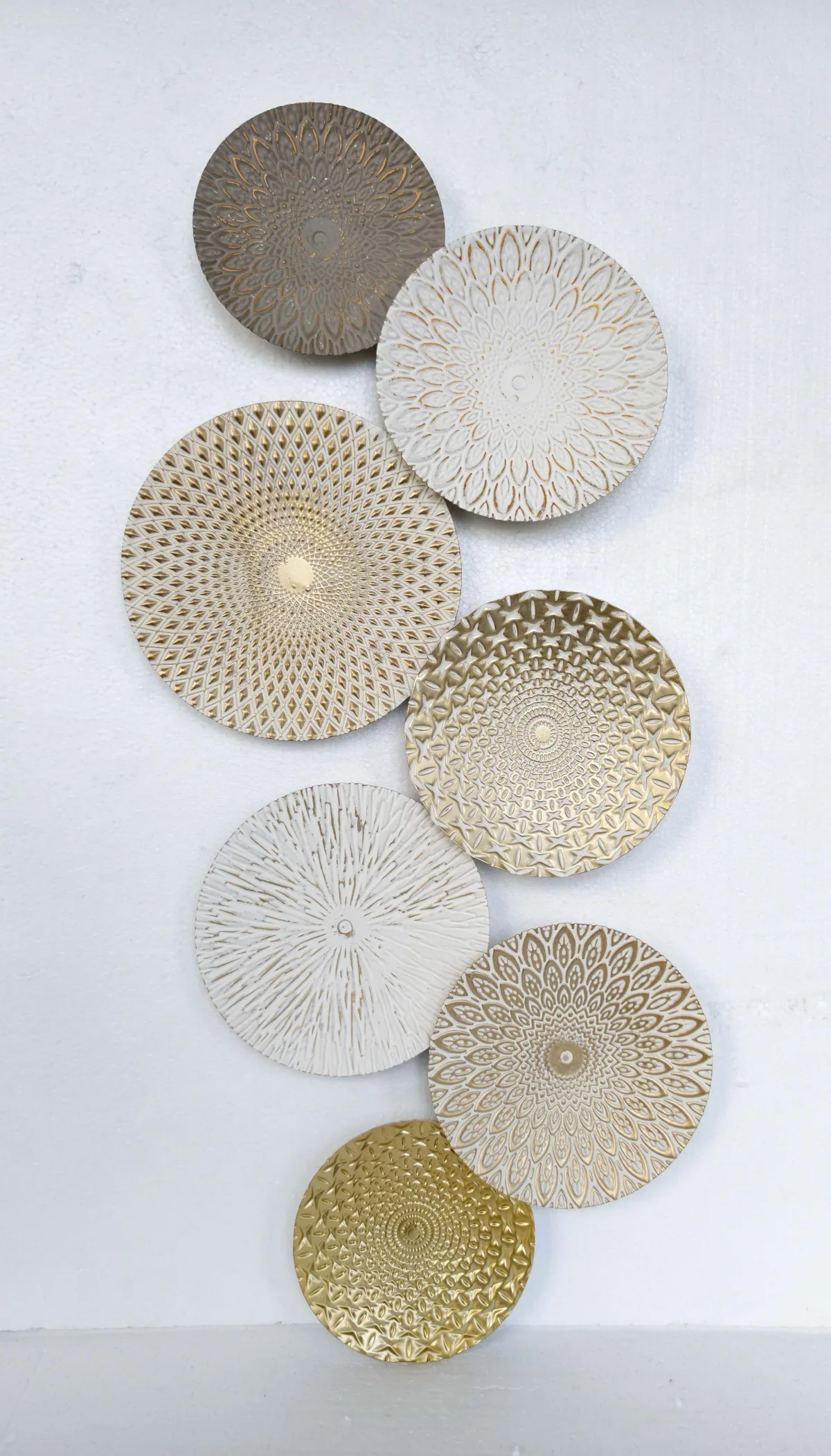 8-Piece Assorted Embossed Round Metal Wall Art Set, Distressed Gold & Neutral Tone Textured Disc Wall Sculpture, Boho Dimensional Wall Hanging Decor