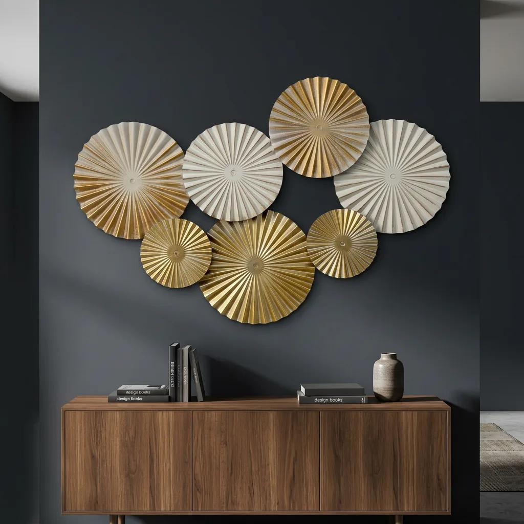 Gold & Off White Sunburst Metal Wall Art Set 7 Pieces Pleated Round Fan Wall Sculpture Modern Farmhouse Living Room Wall Hanging Decor