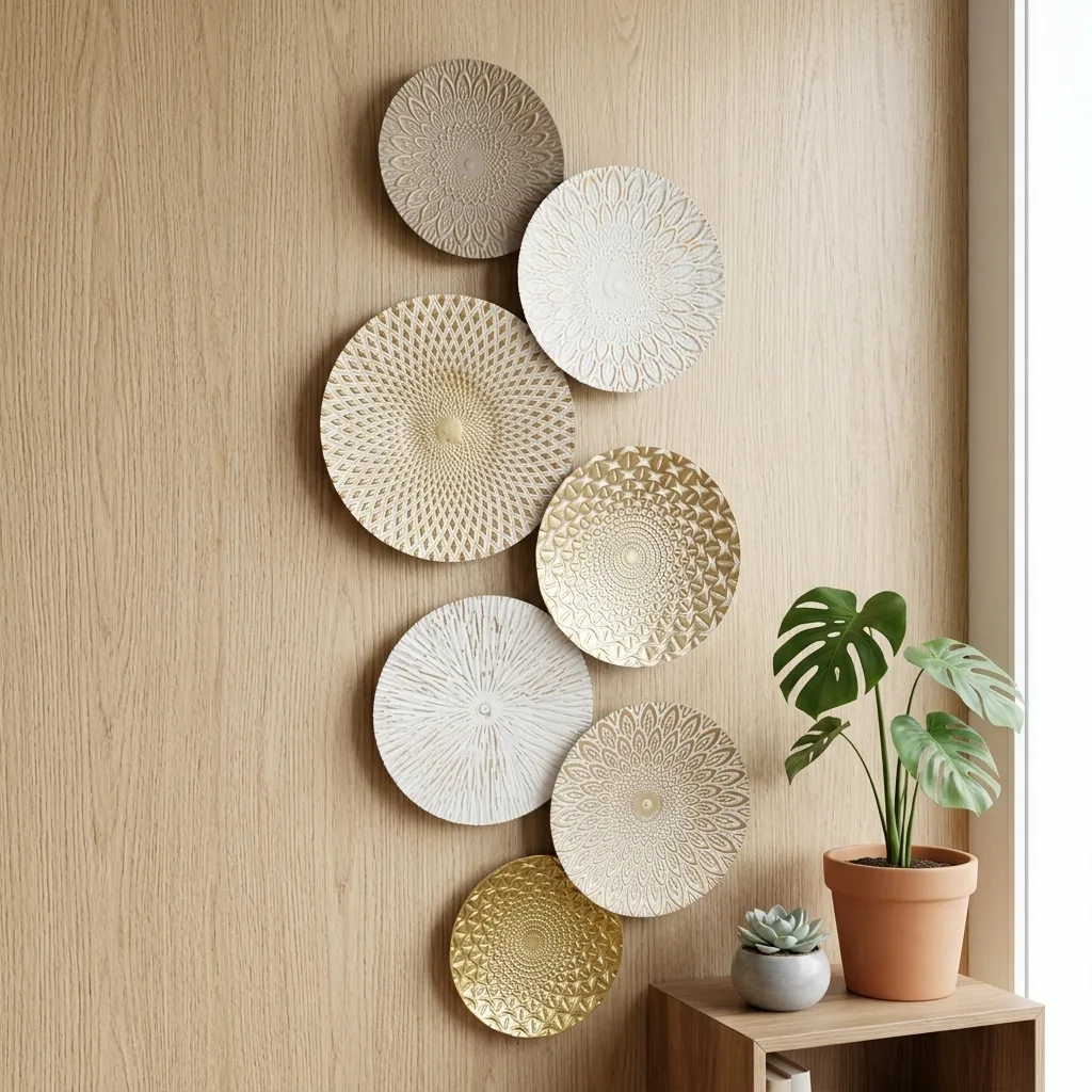 8-Piece Assorted Embossed Round Metal Wall Art Set, Distressed Gold & Neutral Tone Textured Disc Wall Sculpture, Boho Dimensional Wall Hanging Decor