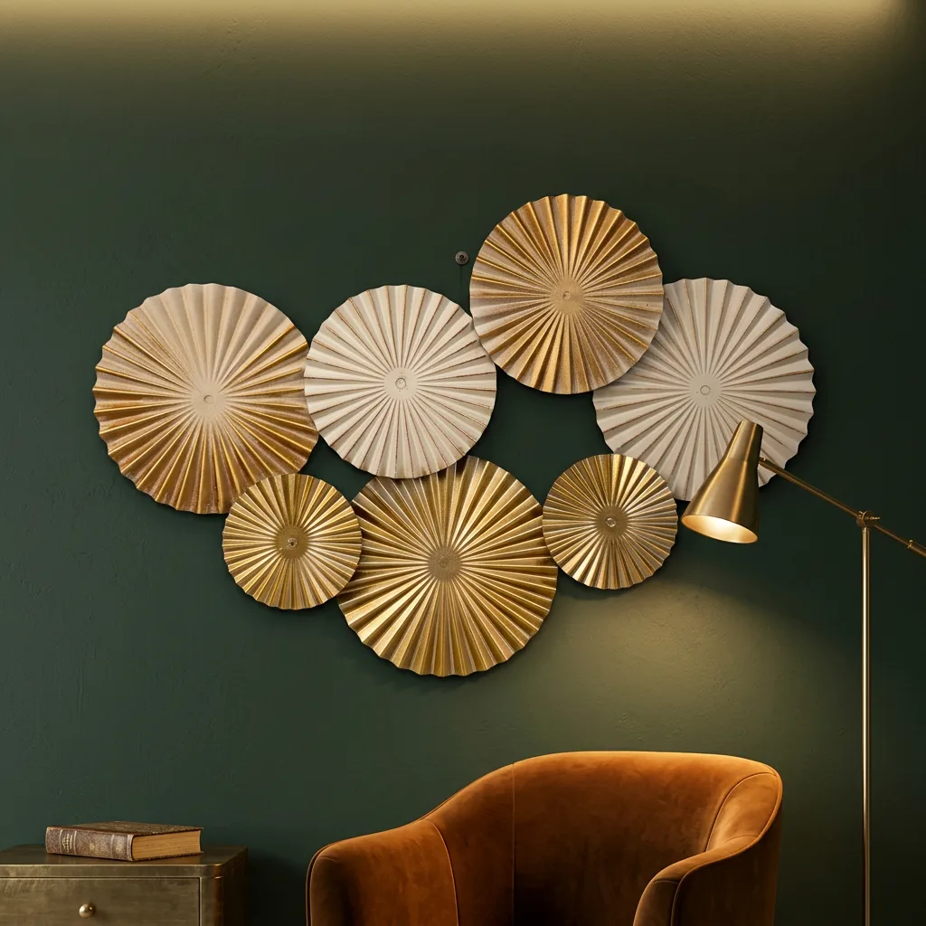 Gold & Off White Sunburst Metal Wall Art Set 7 Pieces Pleated Round Fan Wall Sculpture Modern Farmhouse Living Room Wall Hanging Decor