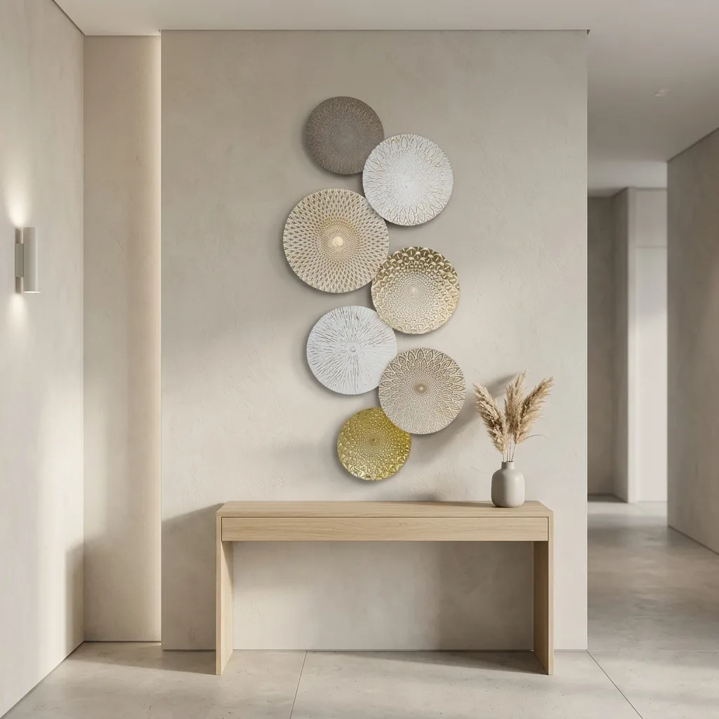 8-Piece Assorted Embossed Round Metal Wall Art Set, Distressed Gold & Neutral Tone Textured Disc Wall Sculpture, Boho Dimensional Wall Hanging Decor