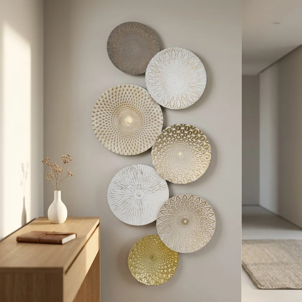 8-Piece Assorted Embossed Round Metal Wall Art Set, Distressed Gold & Neutral Tone Textured Disc Wall Sculpture, Boho Dimensional Wall Hanging Decor