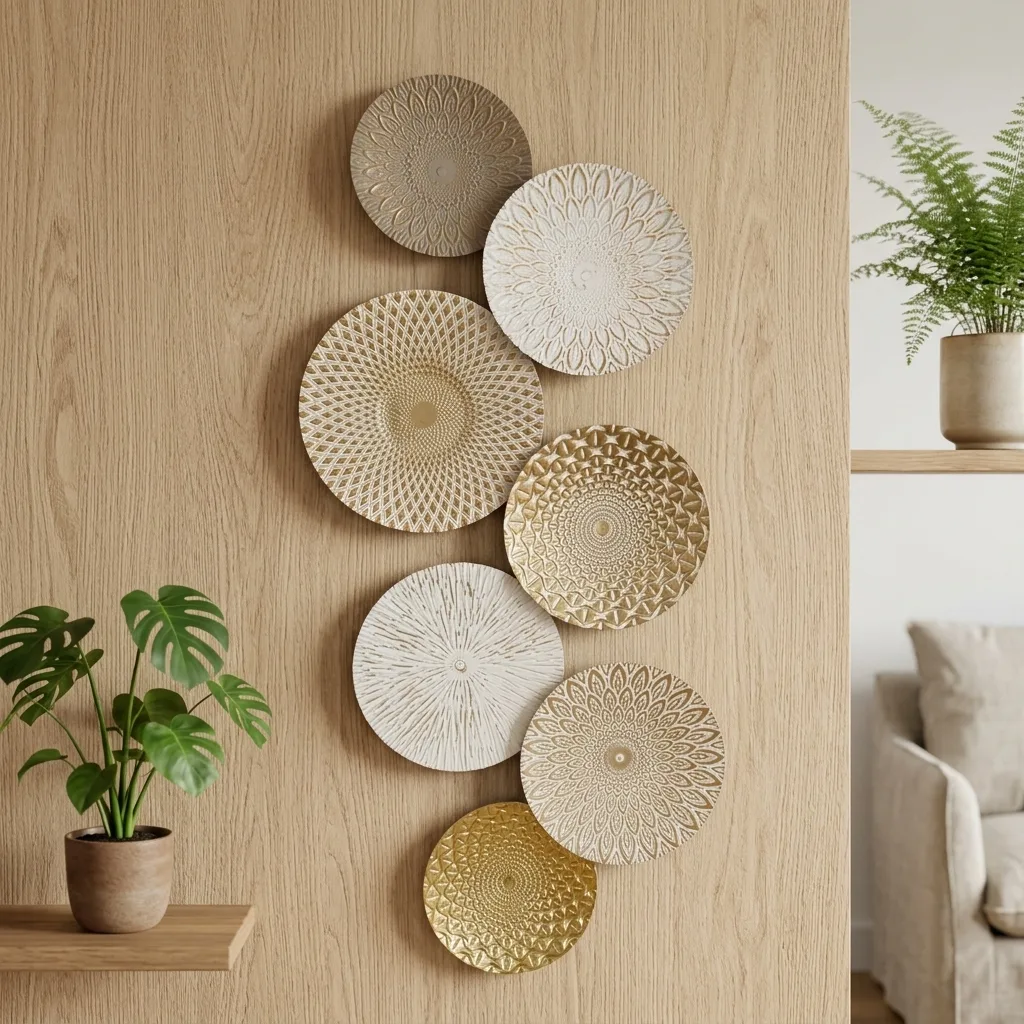 8-Piece Assorted Embossed Round Metal Wall Art Set, Distressed Gold & Neutral Tone Textured Disc Wall Sculpture, Boho Dimensional Wall Hanging Decor