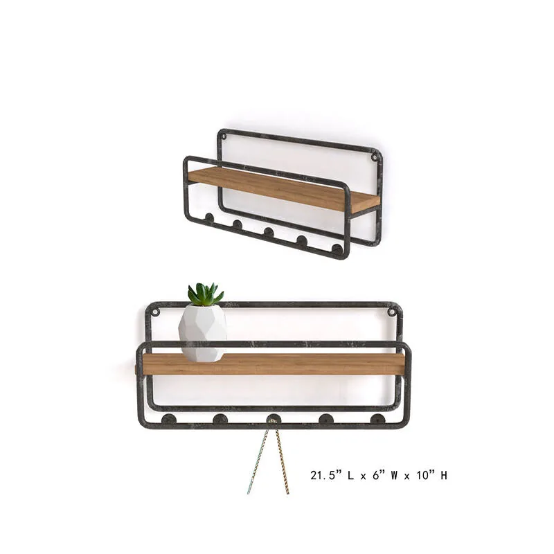 bathroom wooden and metal wall shelf with hooks