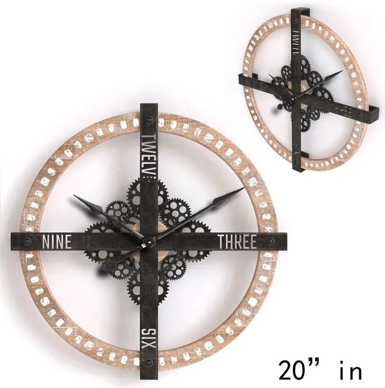 decorative gear wood and metal wall clock