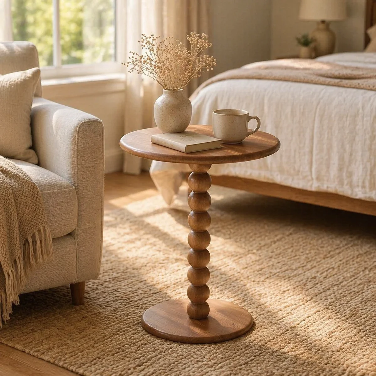 Farmhouse Solid Wood Round Beaded Accent Table