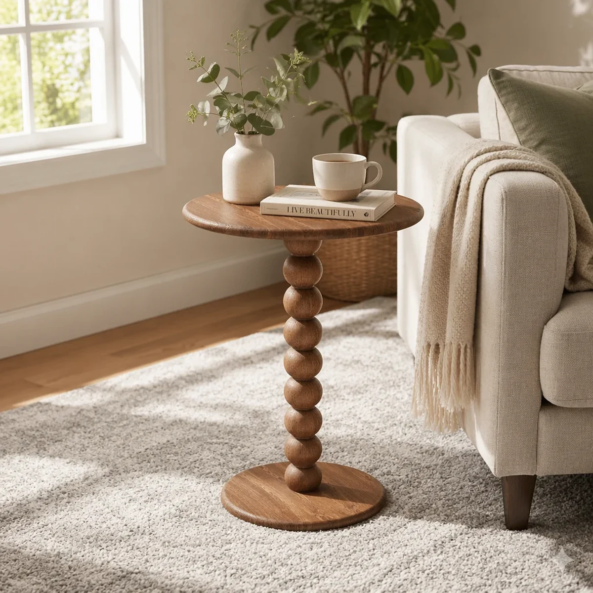 Farmhouse Solid Wood Round Beaded Accent Table