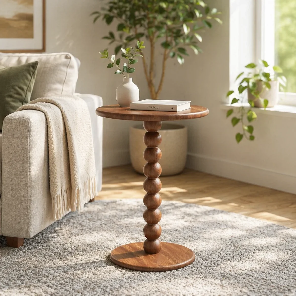 Farmhouse Solid Wood Round Beaded Accent Table