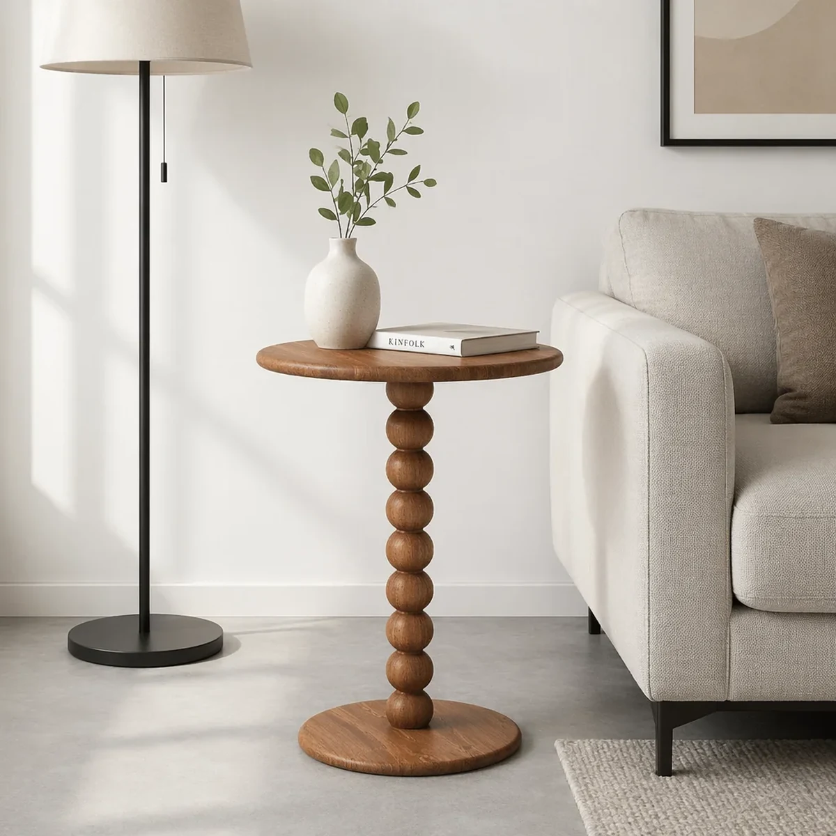Farmhouse Solid Wood Round Beaded Accent Table