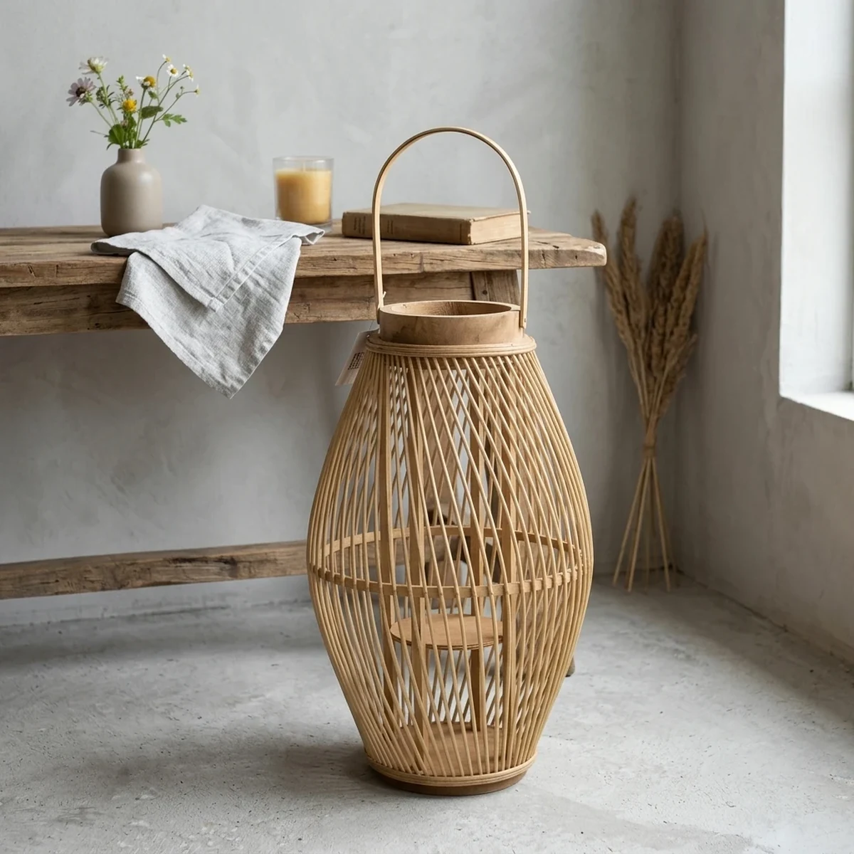 Rustic Rattan Woven Lantern Home Accent