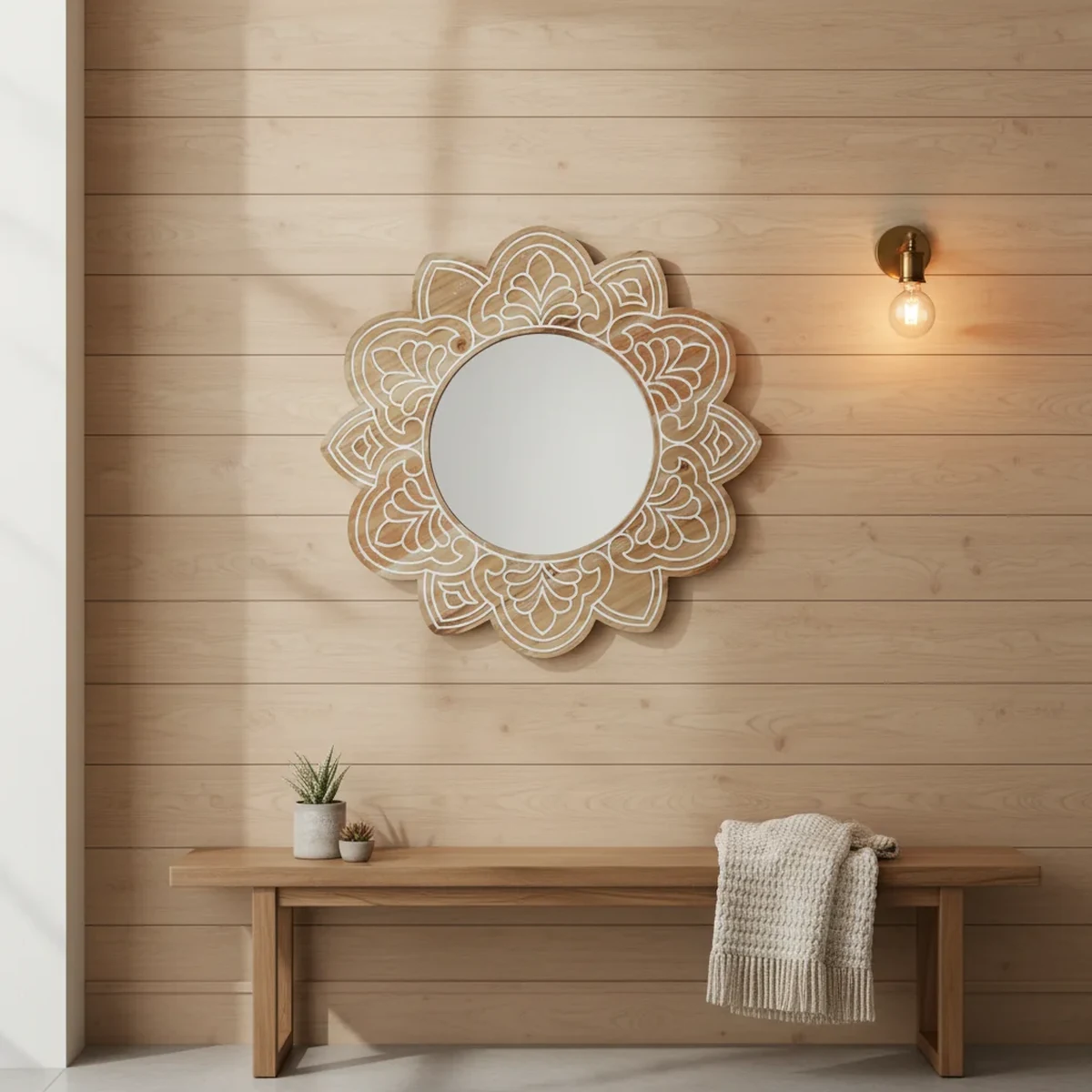 Art Deco Solid Wood Round Carved Round Wall Mirror