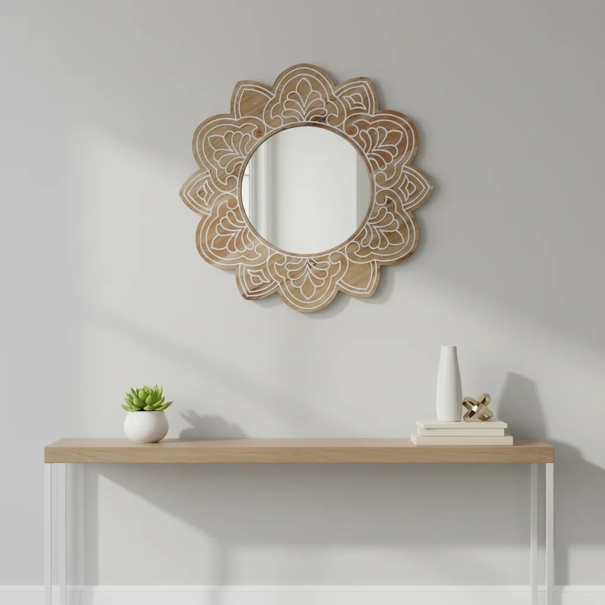 Art Deco Solid Wood Round Carved Round Wall Mirror