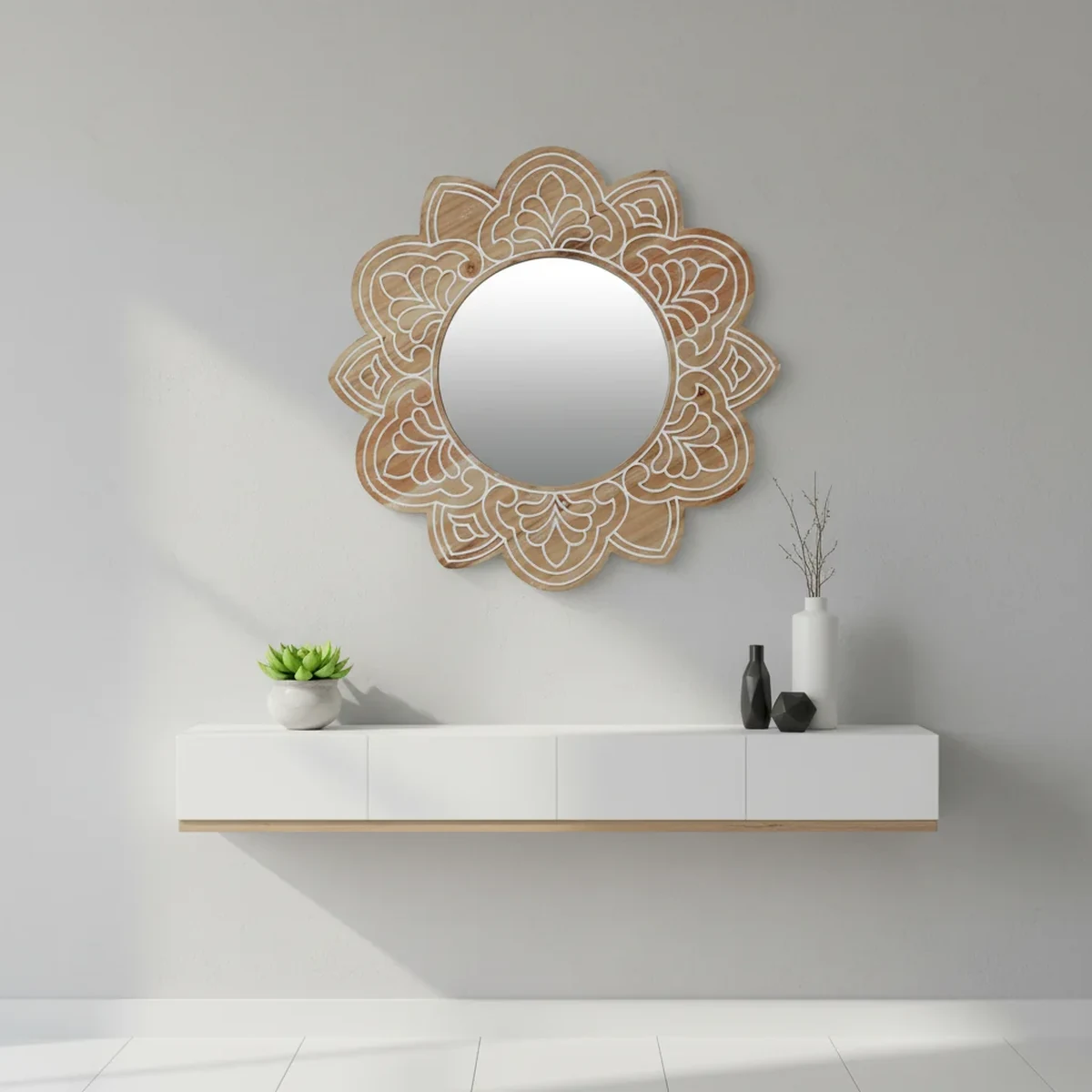 Art Deco Solid Wood Round Carved Round Wall Mirror