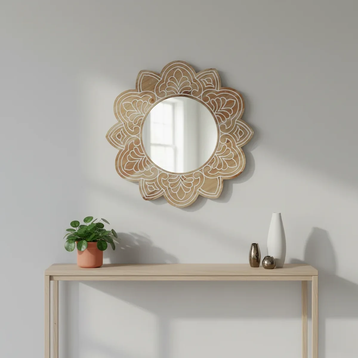 Art Deco Solid Wood Round Carved Round Wall Mirror