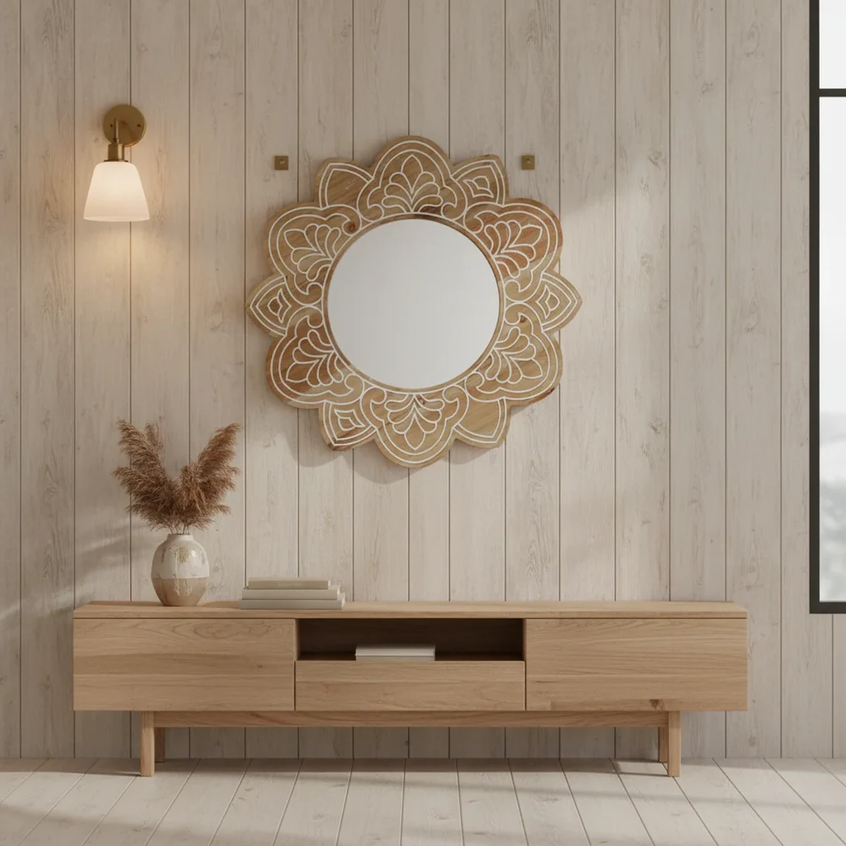 Art Deco Solid Wood Round Carved Round Wall Mirror