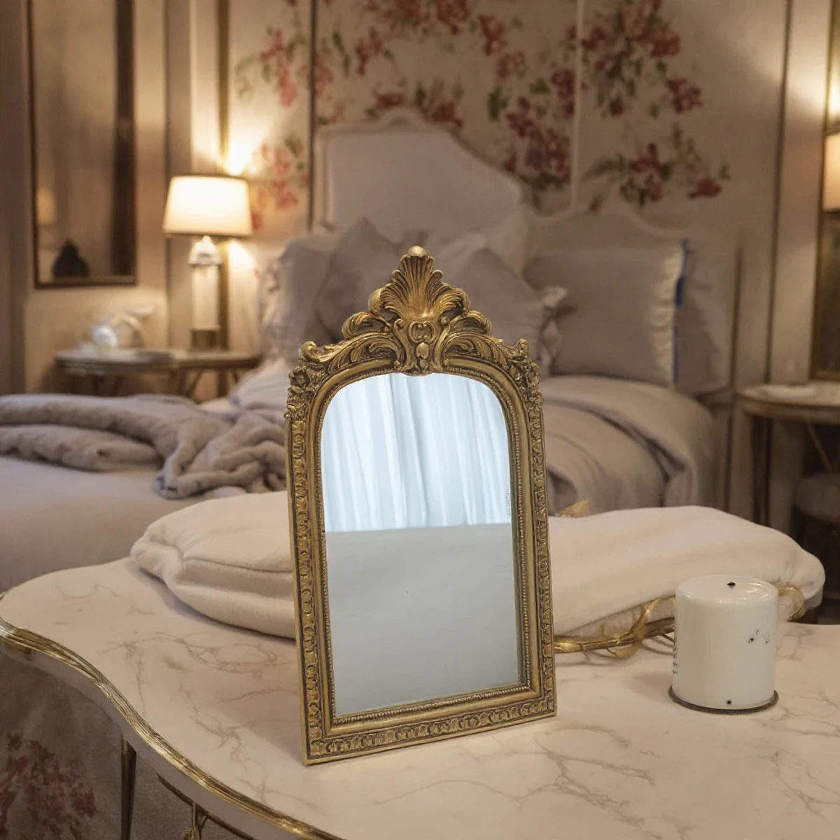European Resin Carved Tabletop Vanity Mirror