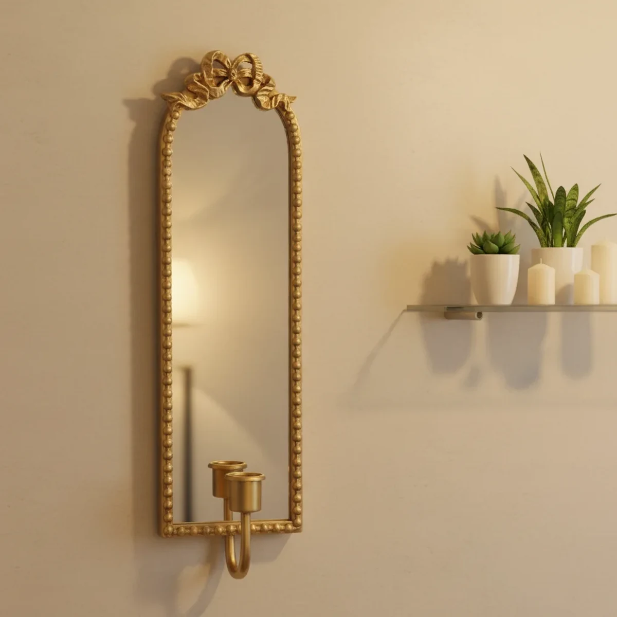 Art Deco Metal Arch Lantern Wall Mirror