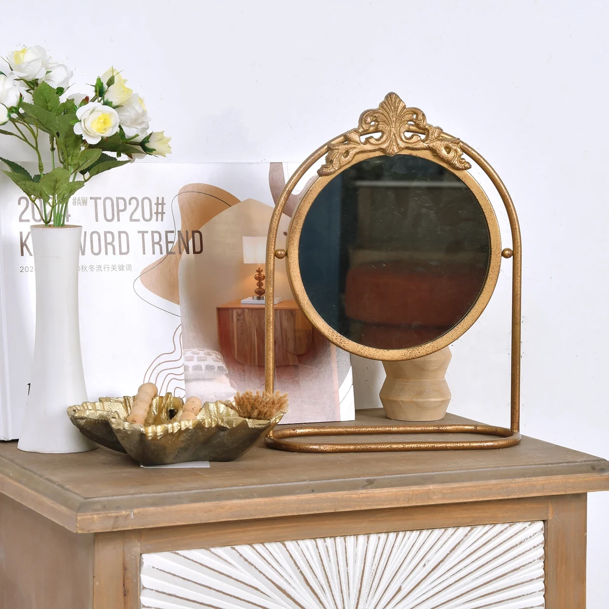 Art Deco Metal Round Tabletop Vanity Mirror