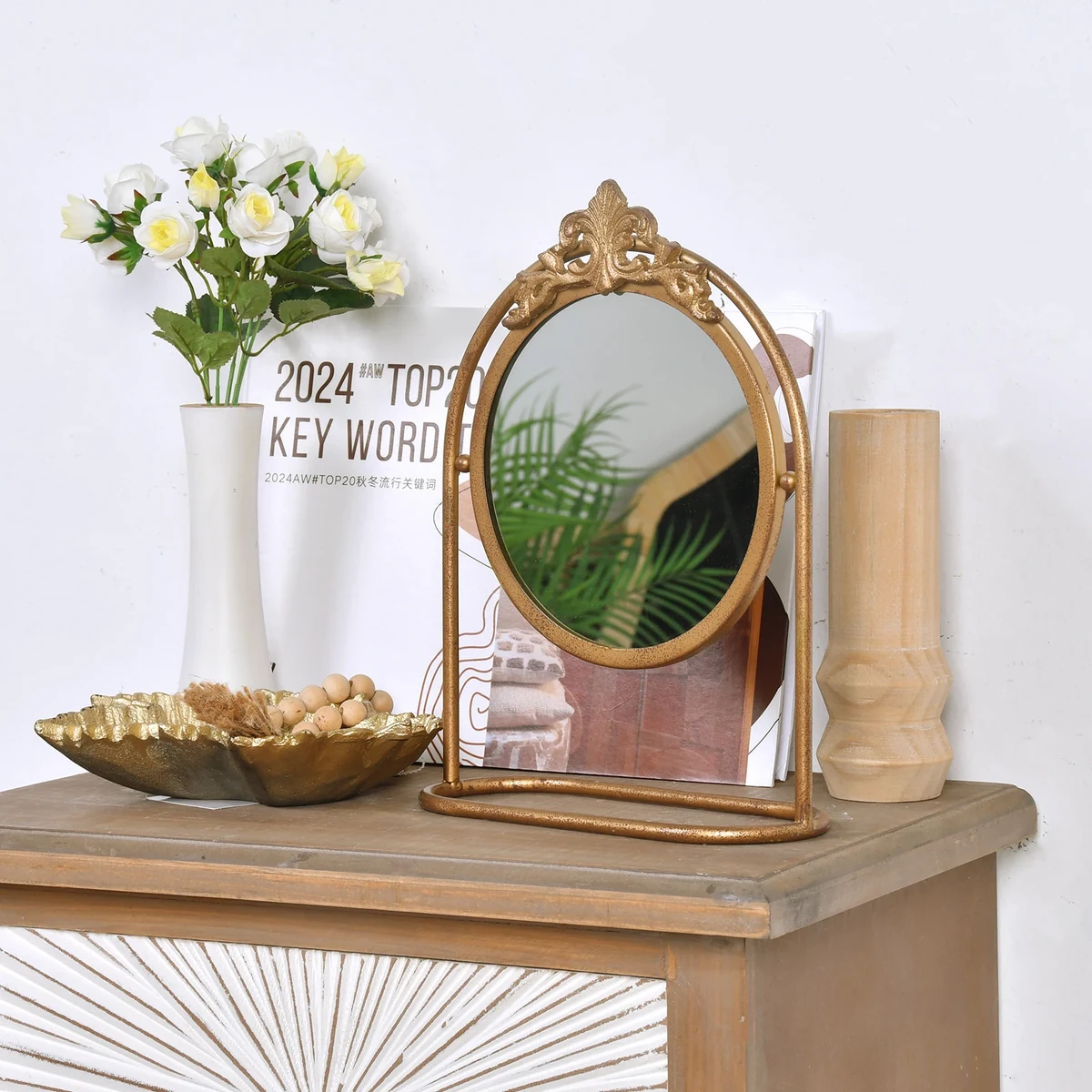 Art Deco Metal Round Tabletop Vanity Mirror