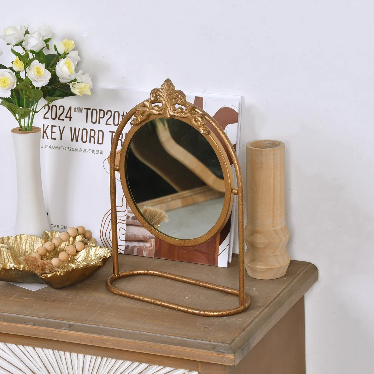 Art Deco Metal Round Tabletop Vanity Mirror