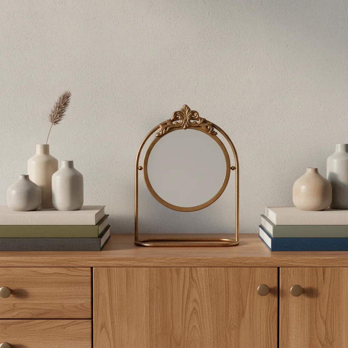 Art Deco Metal Round Tabletop Vanity Mirror