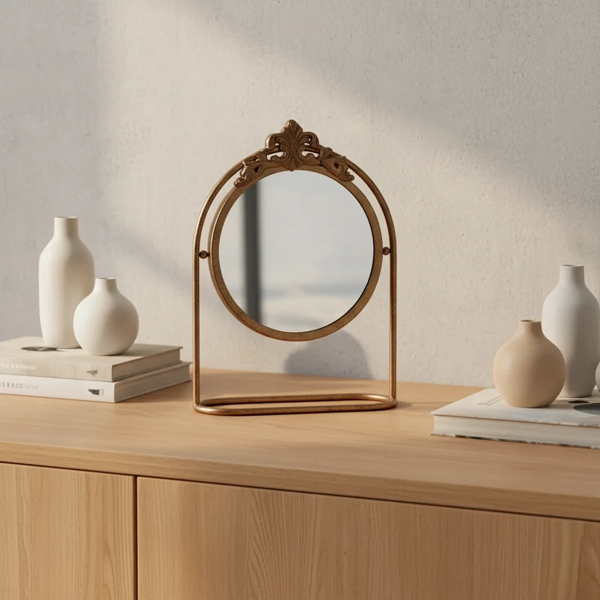 Art Deco Metal Round Tabletop Vanity Mirror