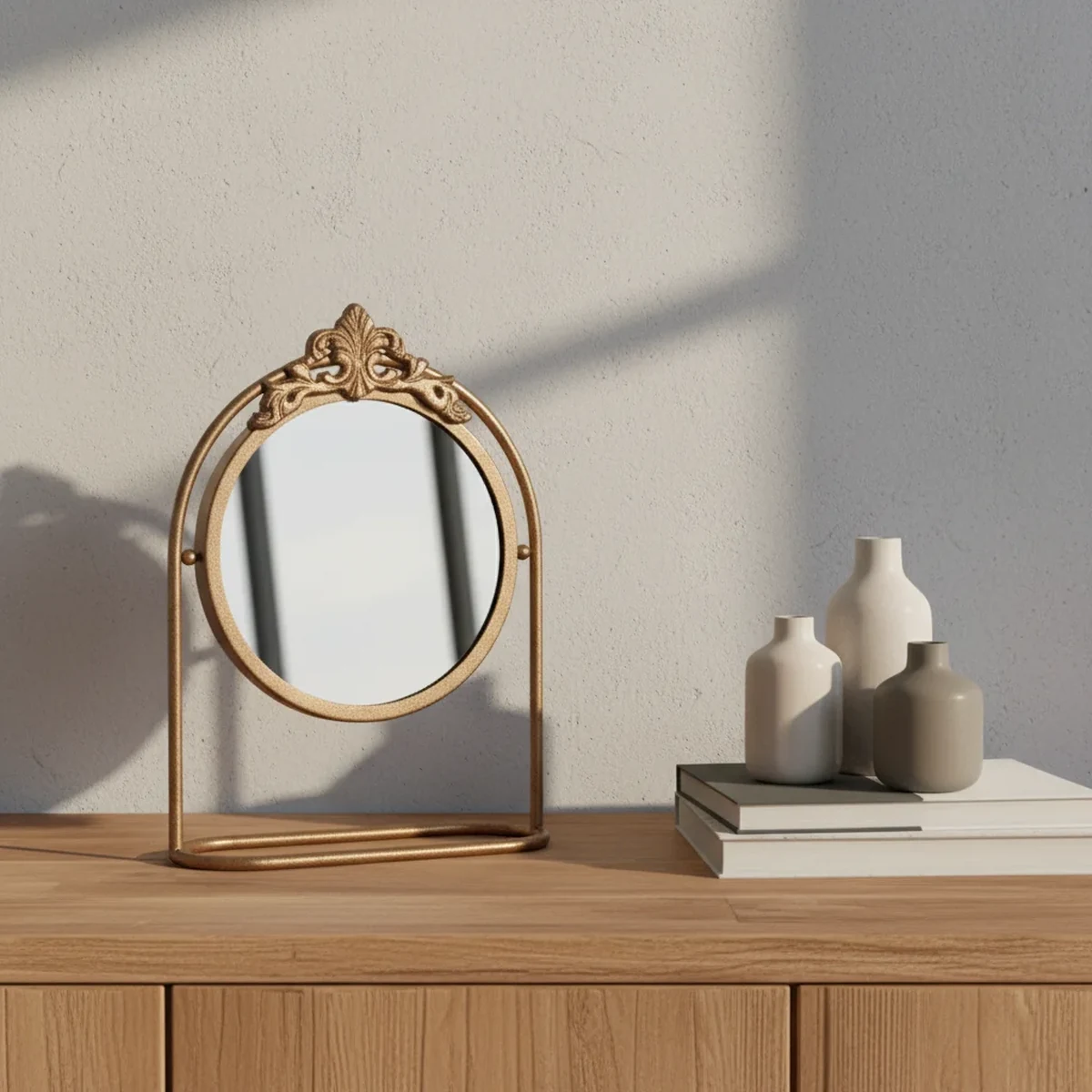 Art Deco Metal Round Tabletop Vanity Mirror