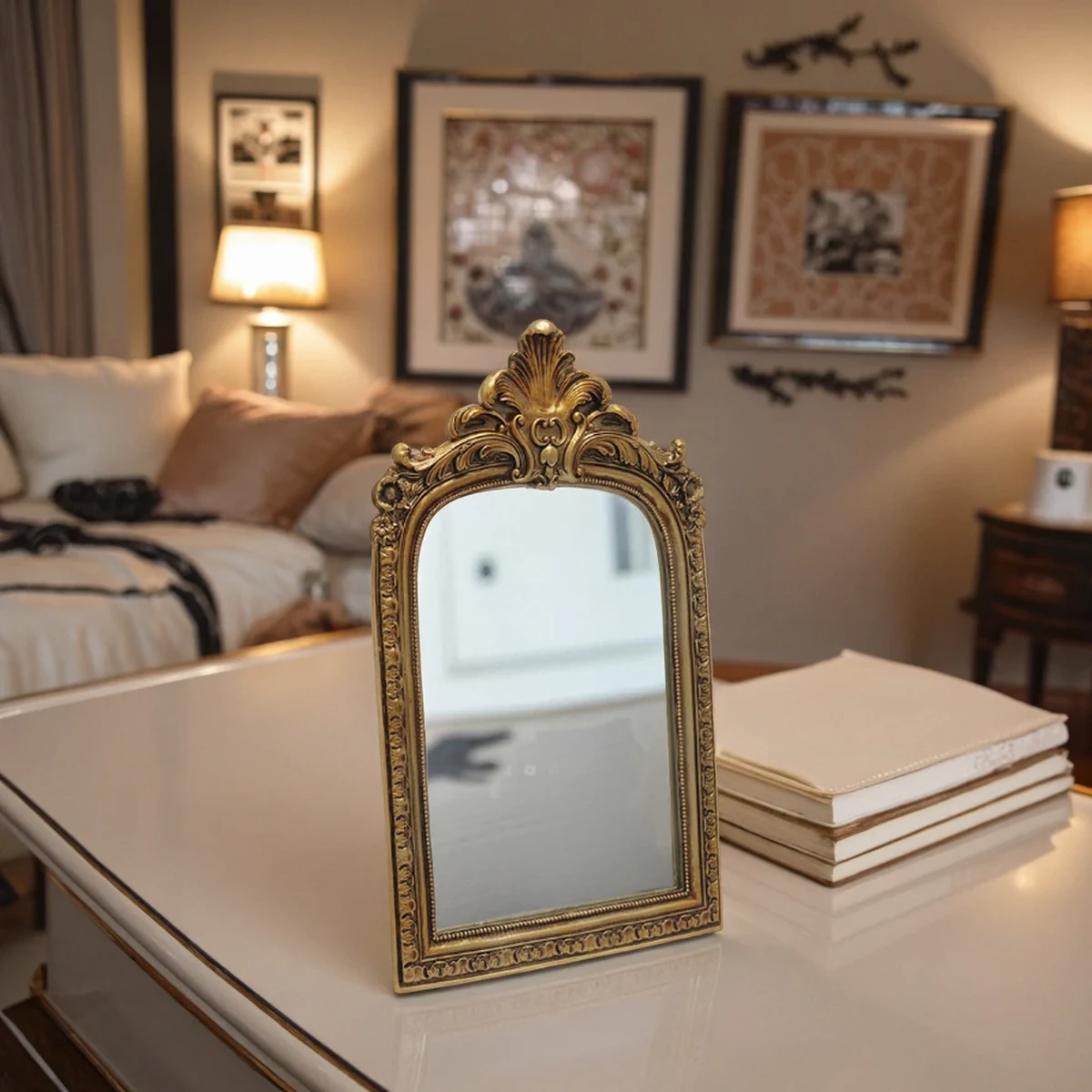 Vintage Resin Arch Side Tabletop Vanity Mirror