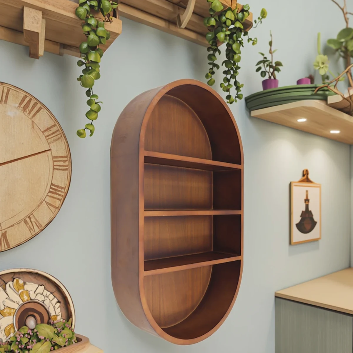 Rustic Solid Wood Oval Floating Wall Shelf