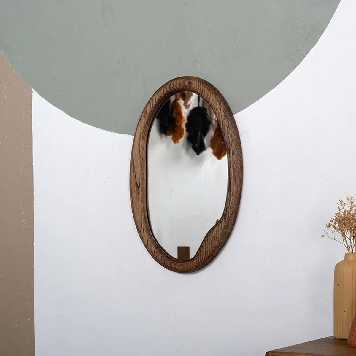 Antique Solid Wood Round Round Wall Mirror