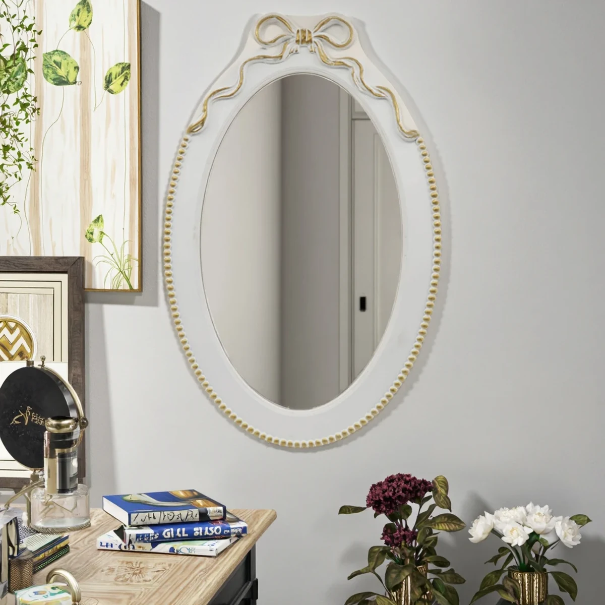 Vintage Solid Wood Oval Carved Round Wall Mirror