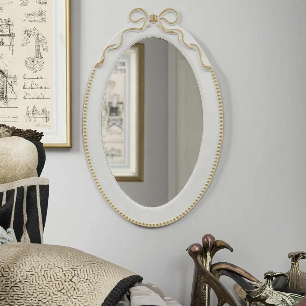 Vintage Solid Wood Oval Carved Round Wall Mirror