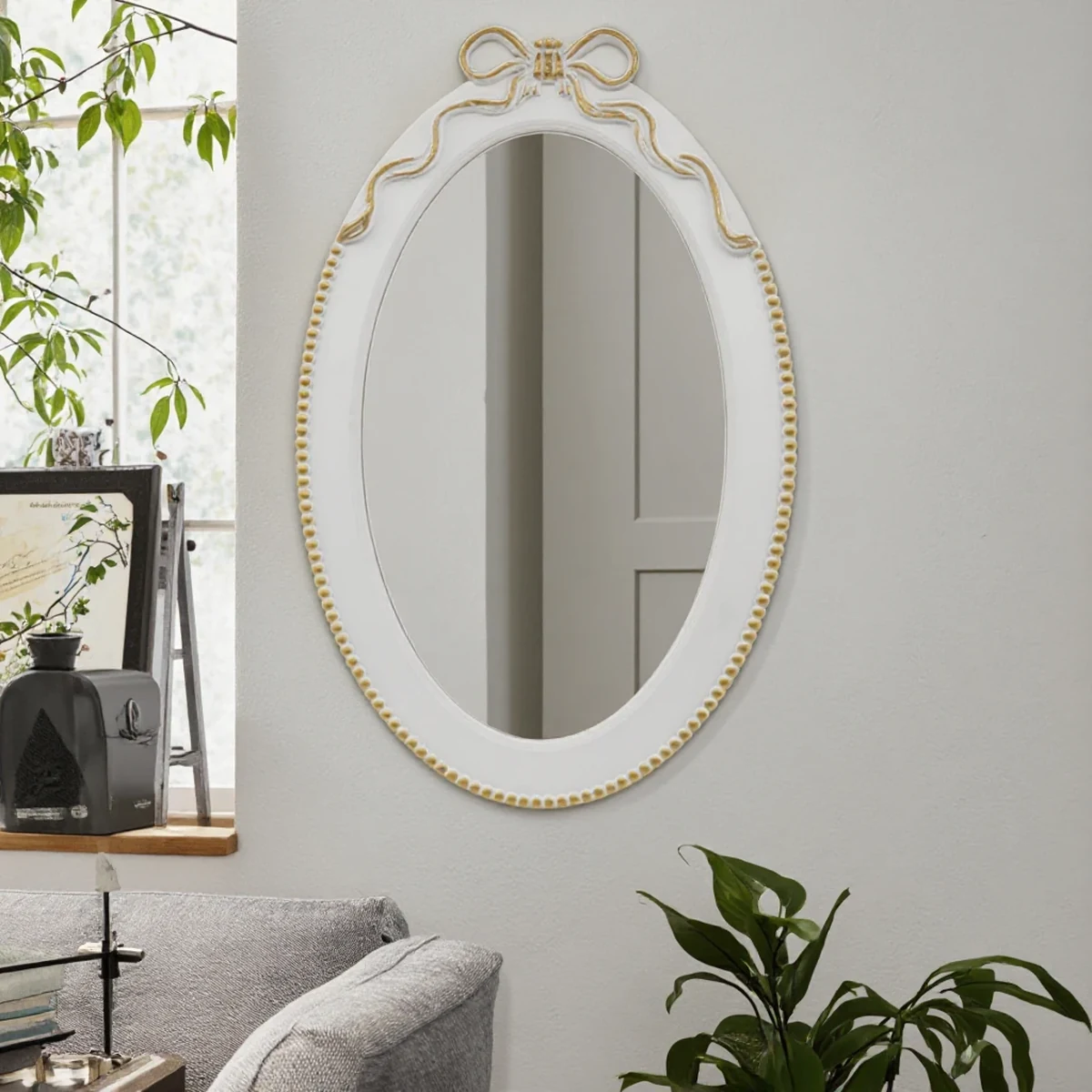 Vintage Solid Wood Oval Carved Round Wall Mirror