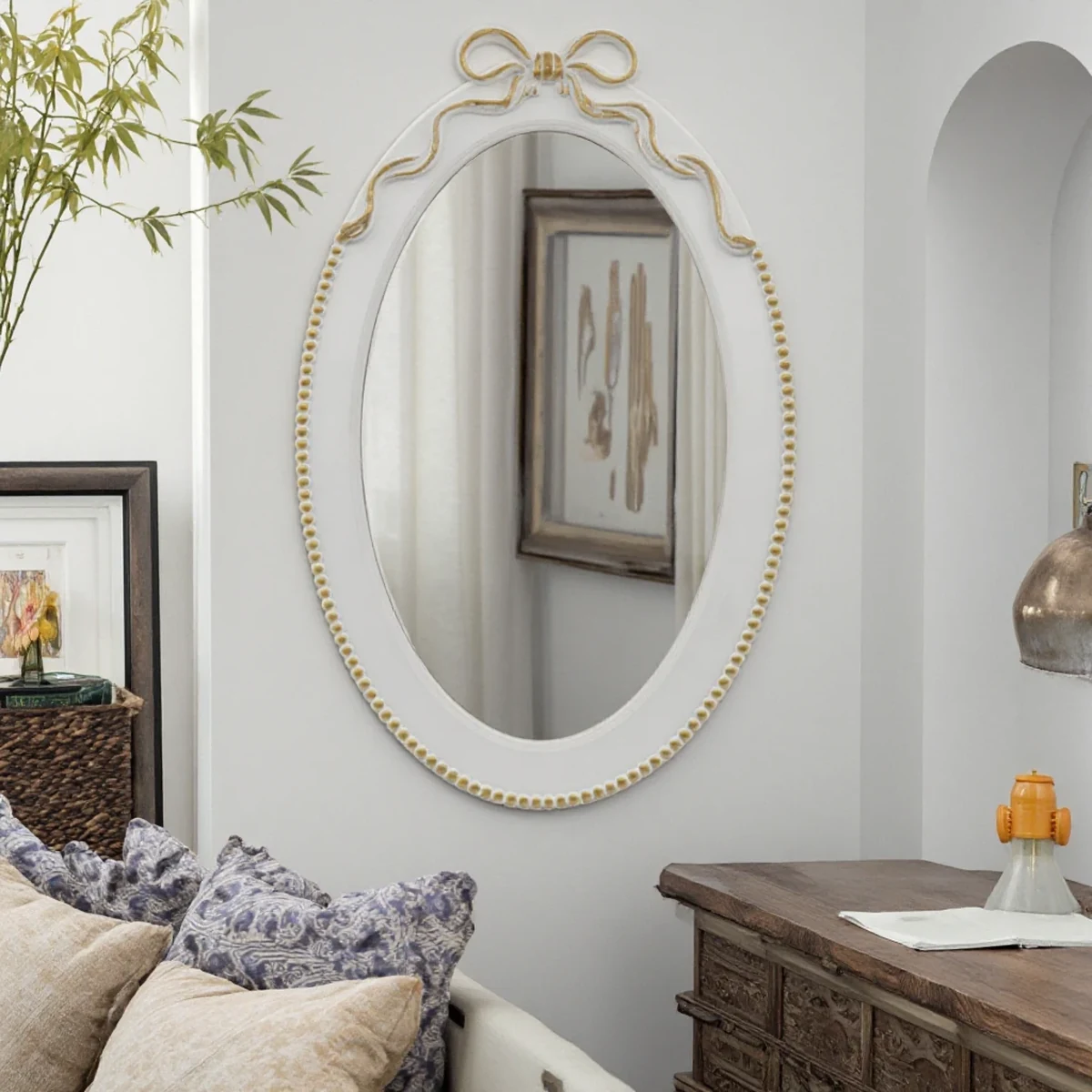 Vintage Solid Wood Oval Carved Round Wall Mirror