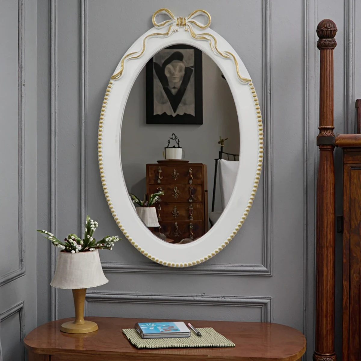 Vintage Solid Wood Oval Carved Round Wall Mirror