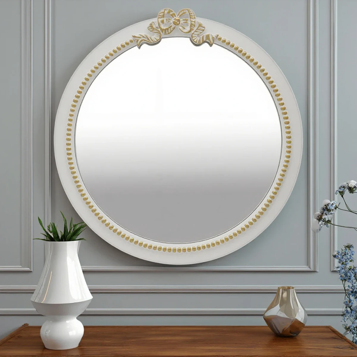 European Solid Wood Round Round Wall Mirror