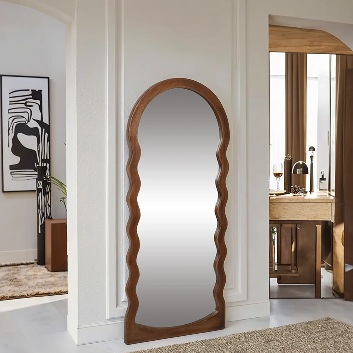 Classic Solid Wood Wavy Full-Length Mirror