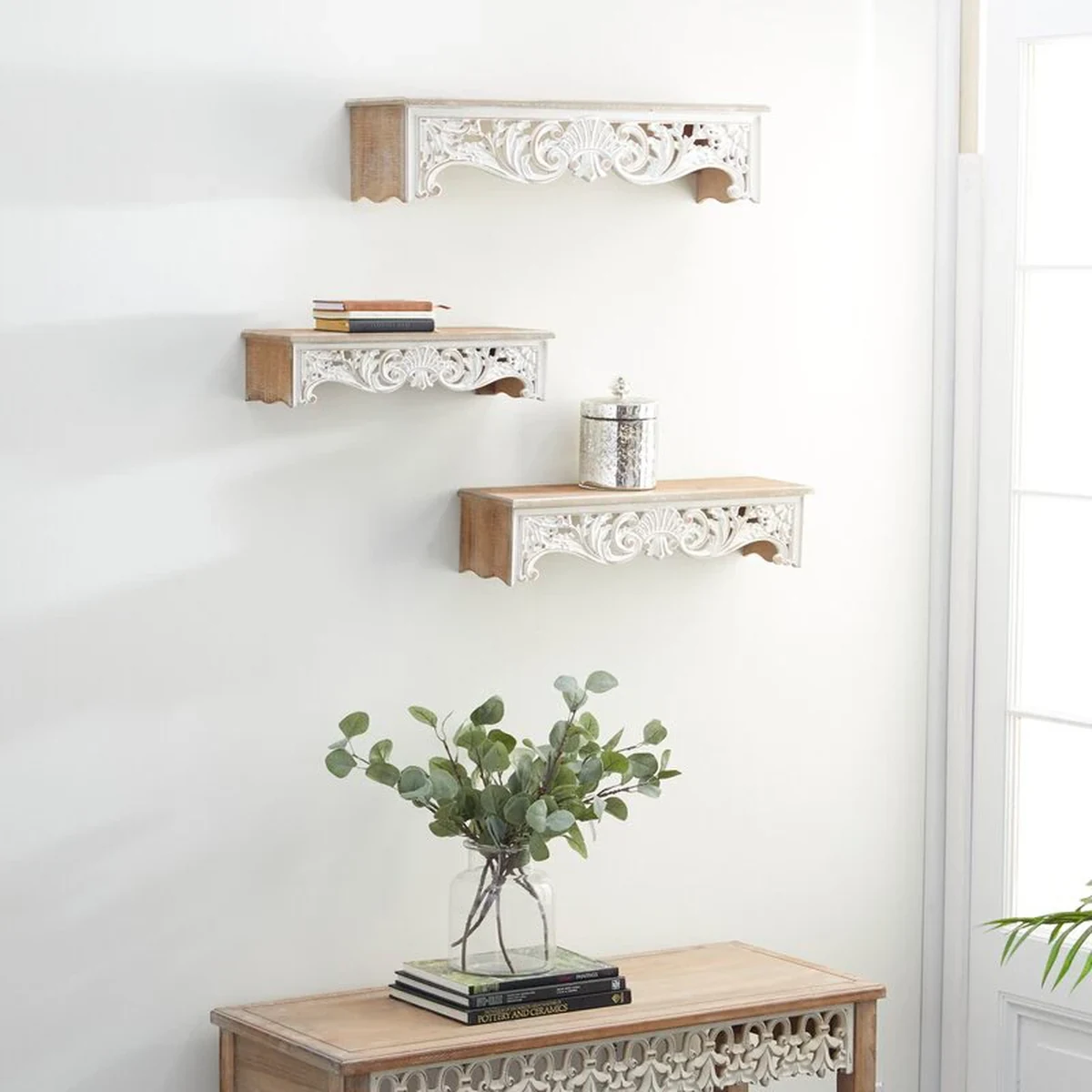 Retro Solid Wood Carved Floating Wall Shelf