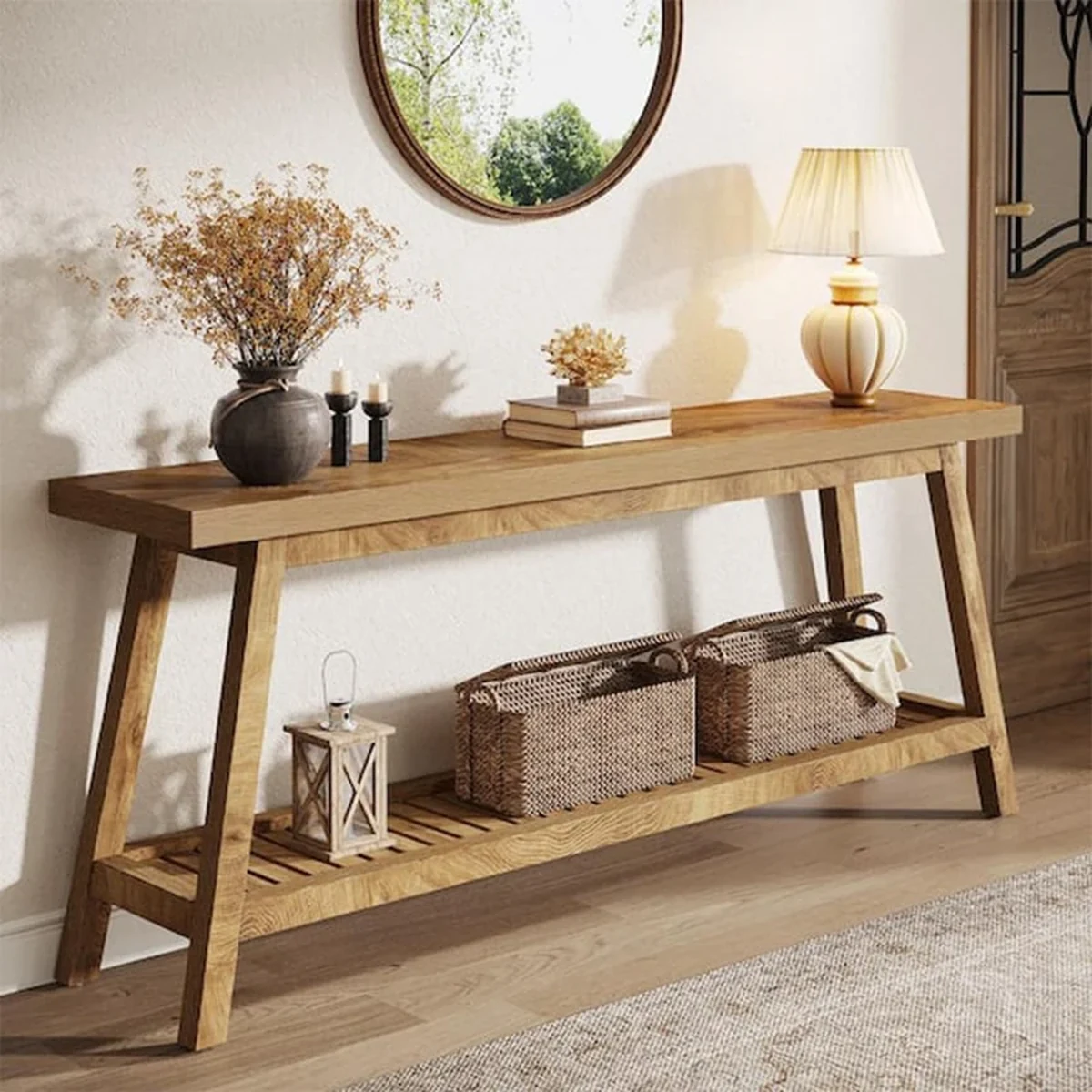 Farmhouse Solid Wood 2-Tier Console Accent Table