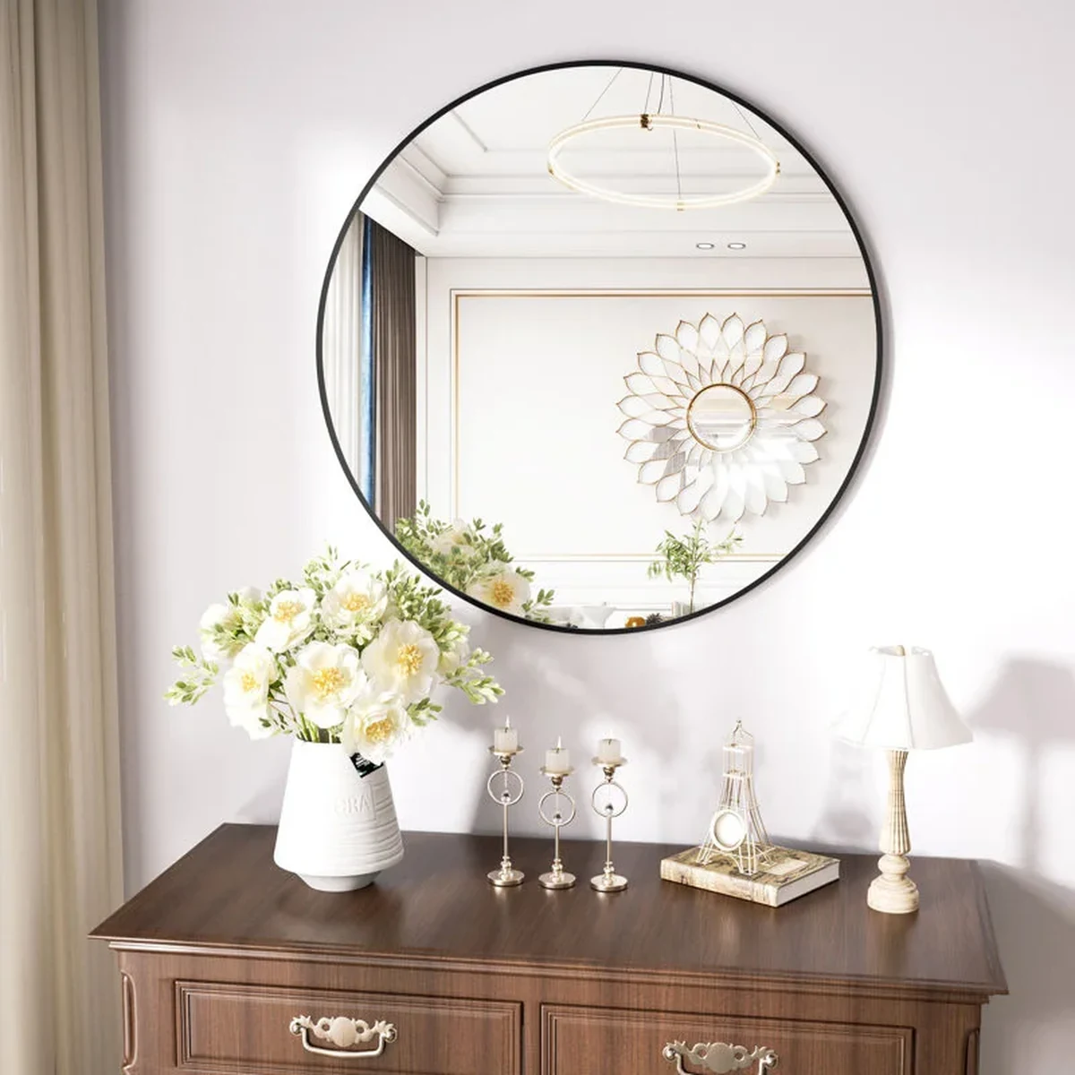 Classic Solid Wood Round Round Wall Mirror