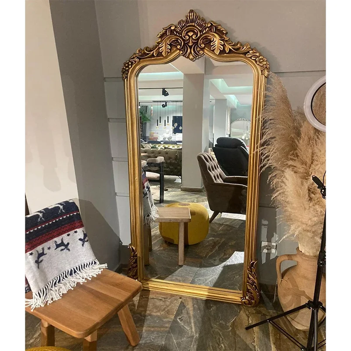 Antique Solid Wood Arched Arch Full-Length Mirror