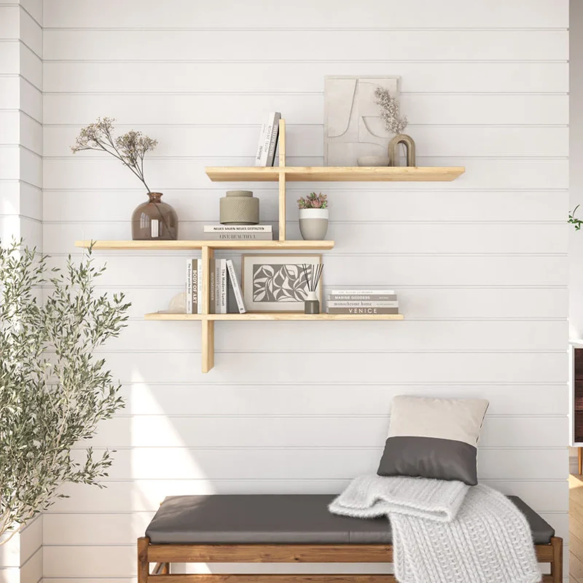 Farmhouse Solid Wood Floating Floating Wall Shelf