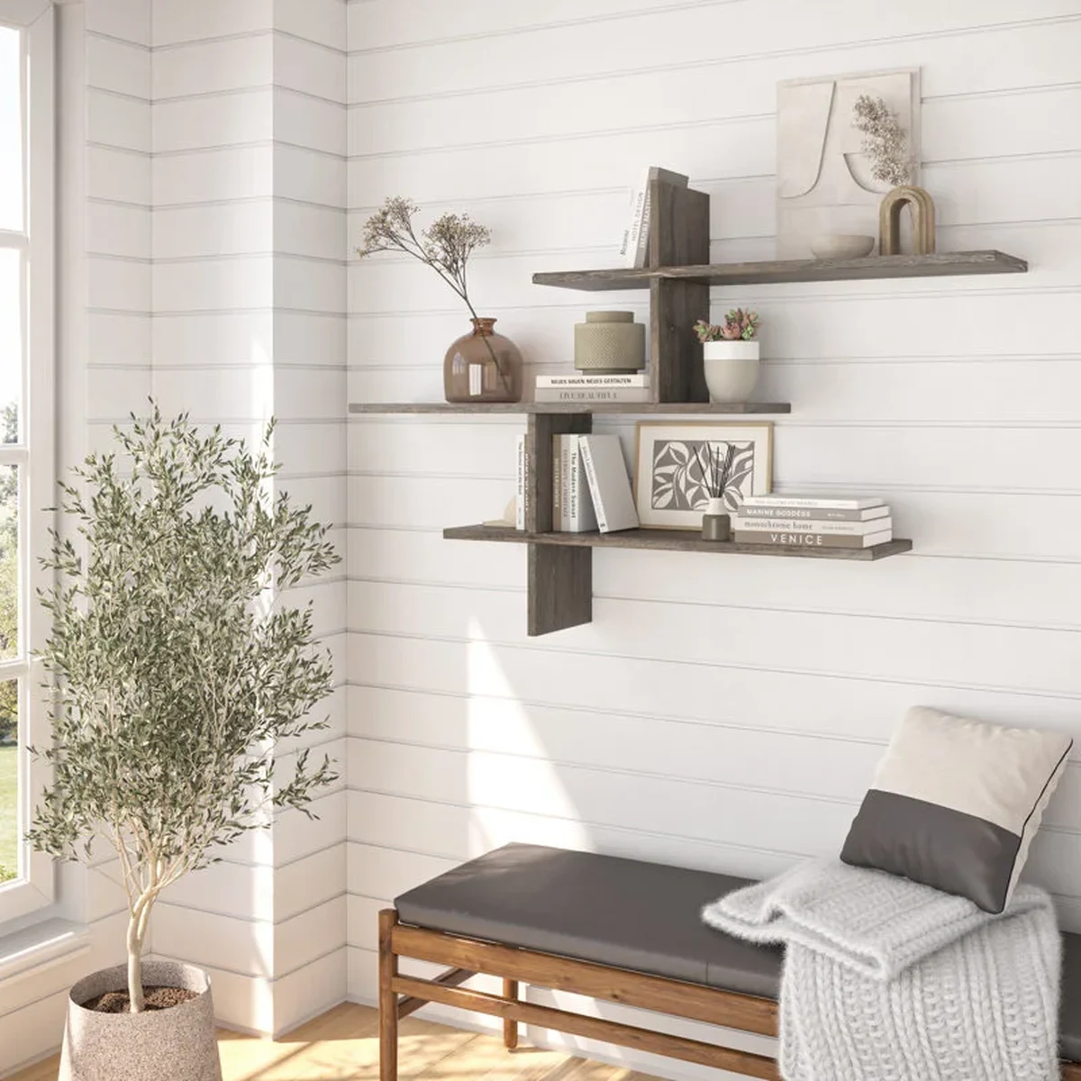 Farmhouse Solid Wood Floating Floating Wall Shelf