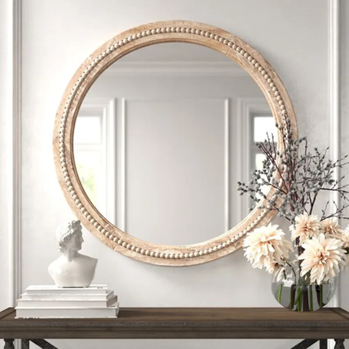 Farmhouse Solid Wood Round Round Wall Mirror