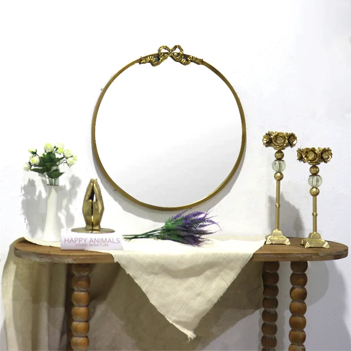 European Solid Wood Round Round Wall Mirror