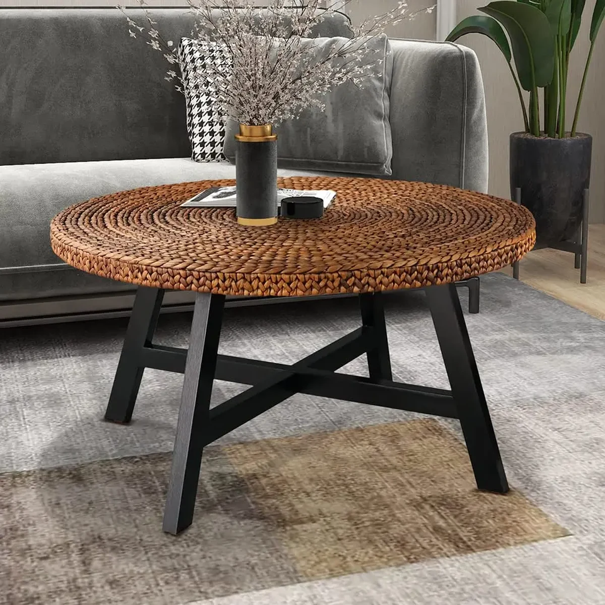 Modern Seagrass Round Coffee Accent Table