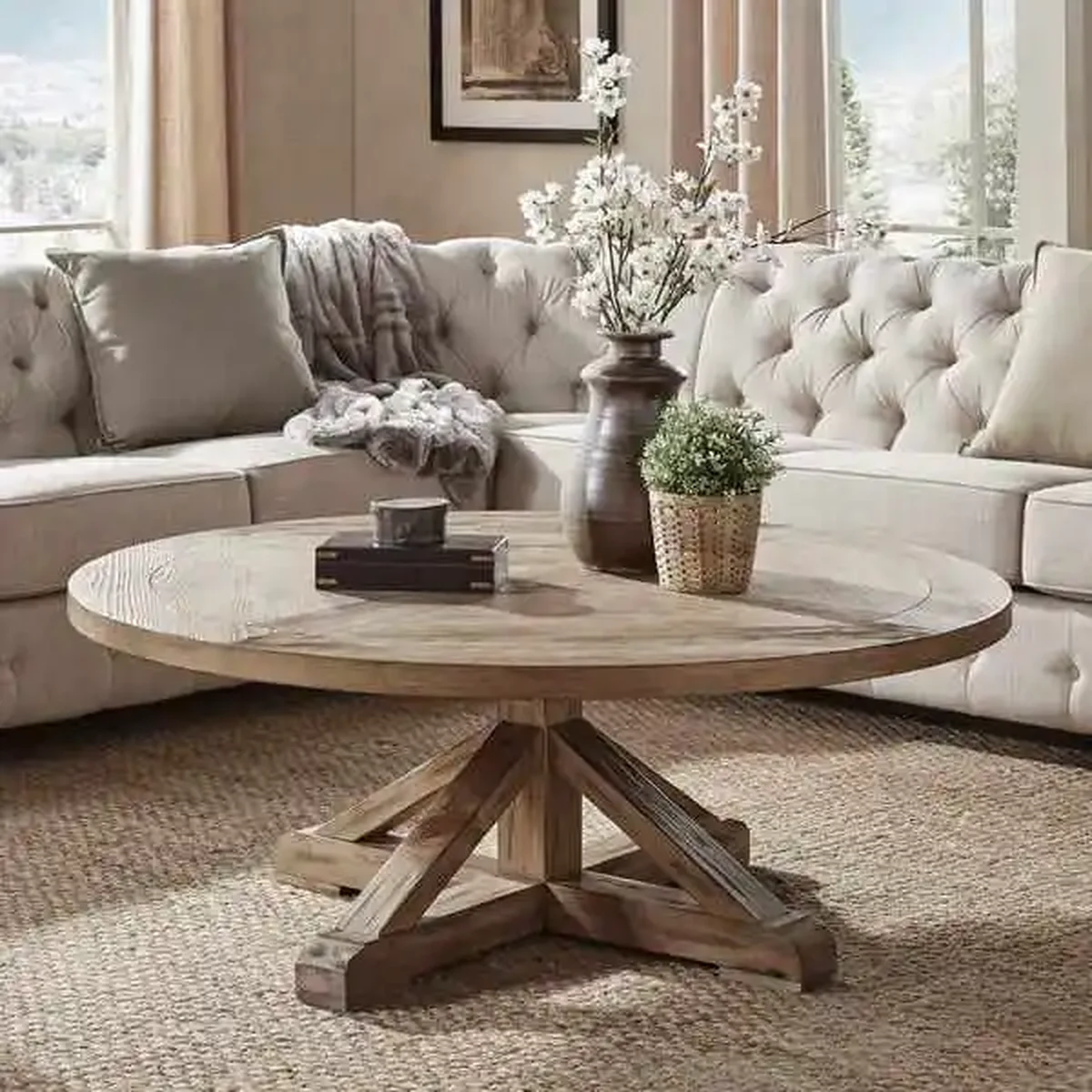 Rustic Solid Wood Round Coffee Accent Table