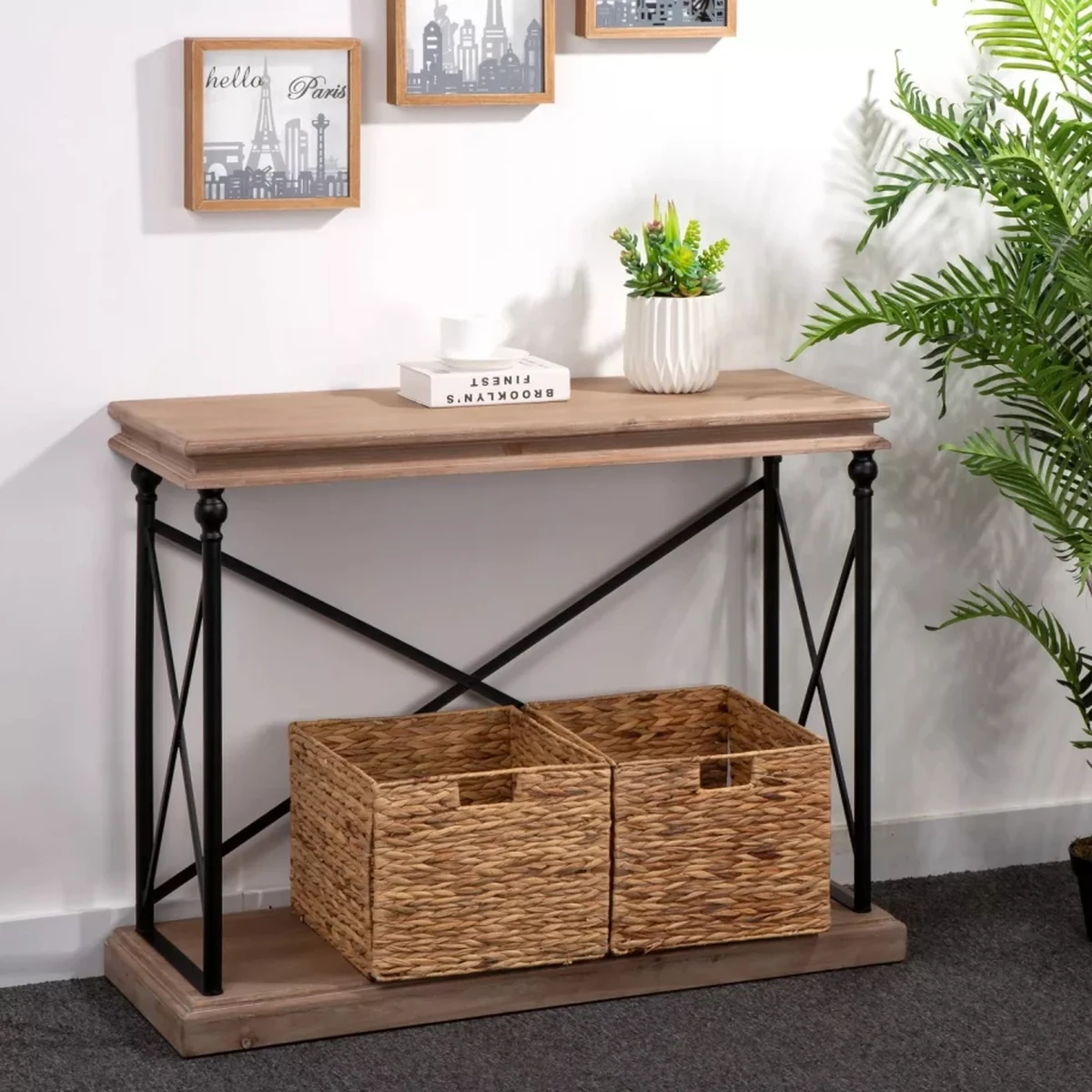 Rustic Metal 2-Tier Console Accent Table