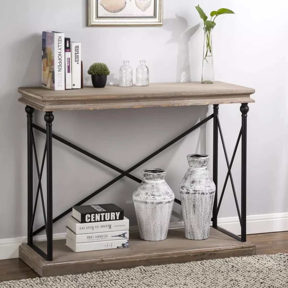 Rustic Metal 2-Tier Console Accent Table