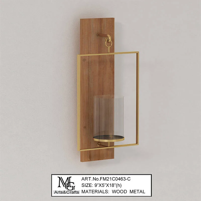 metal & wood wall candle holder with glass